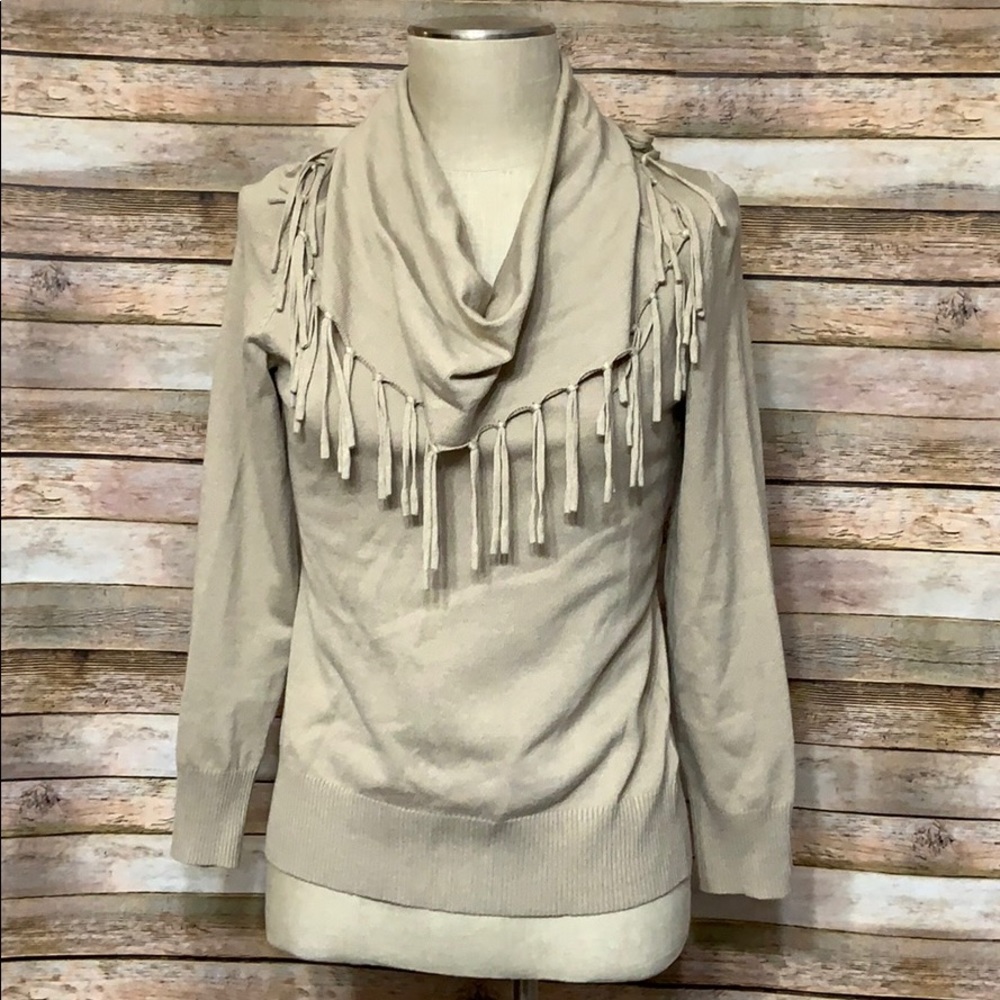 Notations Fringed Cowl Neck Sweater